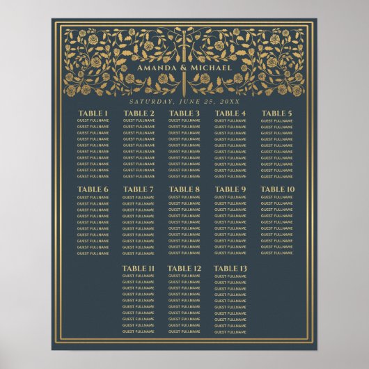 Gray Royal Medieval Sword Wedding Seding Chart Poster (Voorkant)