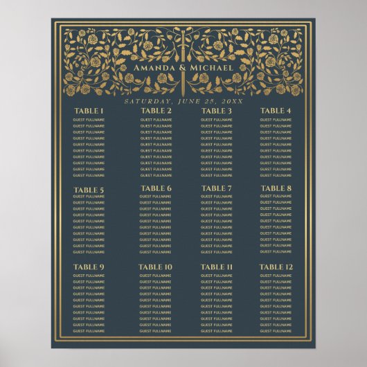 Gray Royal Medieval Sword Wedding Seding Chart Poster (Voorkant)