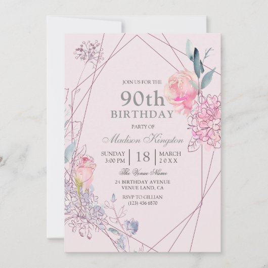 Gray & Roze Floral Geometric 90th Birthday Party Kaart (Voorkant)