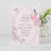 Gray & Roze Floral Geometric 90th Birthday Party Kaart (Staand voorkant)