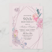 Gray & Roze Floral Geometric 90th Birthday Party Kaart (Voorkant / Achterkant)