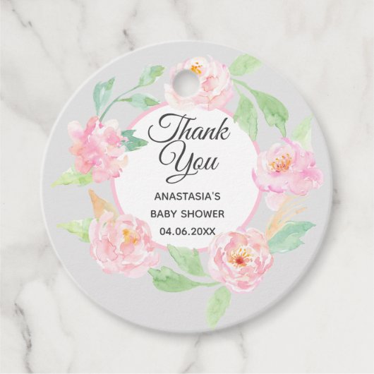 Gray & Roze Floral Hartelijk dank Baby shower Bedankjes Labels (Voorkant)