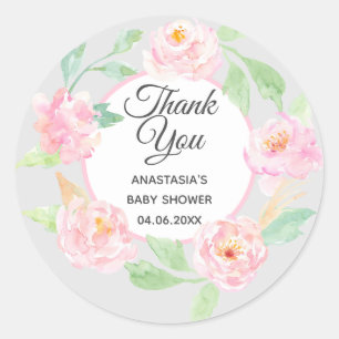 Gray & Roze Floral Hartelijk dank Baby shower Ronde Sticker