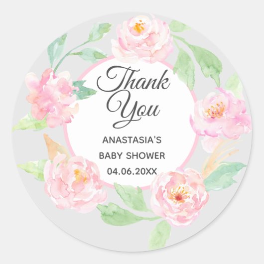 Gray & Roze Floral Hartelijk dank Baby shower Ronde Sticker (Voorkant)