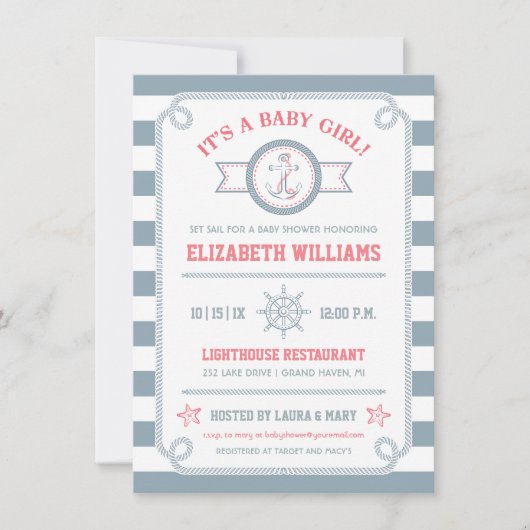 Gray & Roze Nautical Baby Girl Shower Kaart (Voorkant)