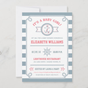 Gray & Roze Nautical Baby Girl Shower Kaart