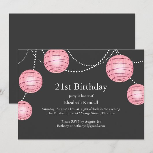 Gray & Roze Partij Lantern 21st Birthday Uitnodigi Kaart (Voorkant / Achterkant)
