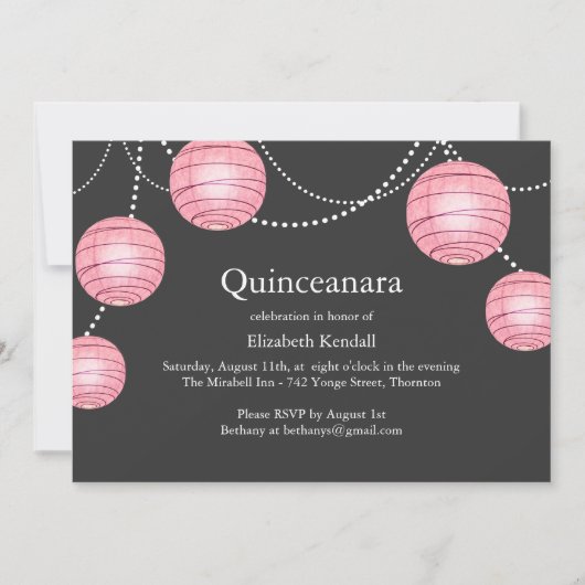Gray & Roze Partij Lantern Quinceanera Uitnodiging (Voorkant)
