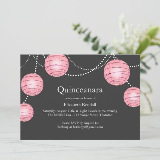 Gray & Roze Partij Lantern Quinceanera Uitnodiging (Staand voorkant)