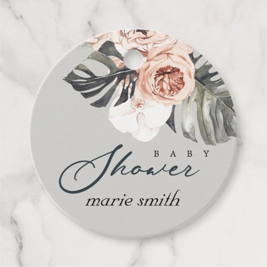GRAY RUST BLUSH MONSTERA FLORAL BABY SHOWER BEDANKJES LABELS (Voorkant)