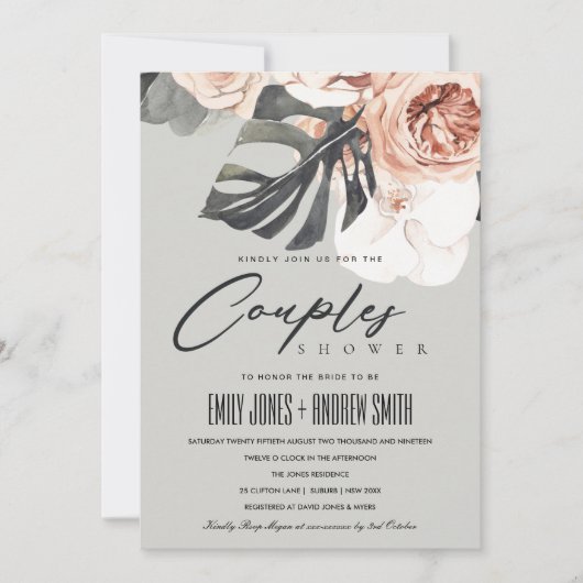 GRAY RUST FLORAL MONSTRERA COUPLES SHOWER INVITE BEDANKKAART (Voorkant)