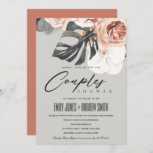 GRAY RUST FLORAL MONSTRERA COUPLES SHOWER INVITE BEDANKKAART (Voorkant / Achterkant)