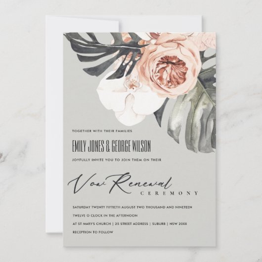 GRAY RUST FLORAL MONSTRERA LEAF VOW RENEWAL INVITE BEDANKKAART (Voorkant)