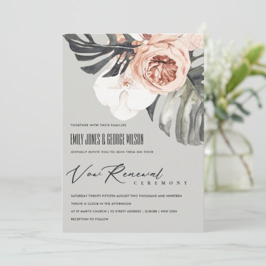 GRAY RUST FLORAL MONSTRERA LEAF VOW RENEWAL INVITE BEDANKKAART (Staand voorkant)