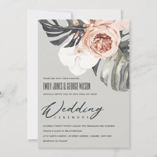 GRAY RUST FLORAL MONSTRERA LEAF WEDDING INVITE BEDANKKAART (Voorkant)