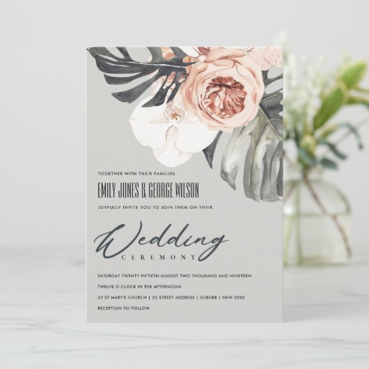 GRAY RUST FLORAL MONSTRERA LEAF WEDDING INVITE BEDANKKAART (Staand voorkant)