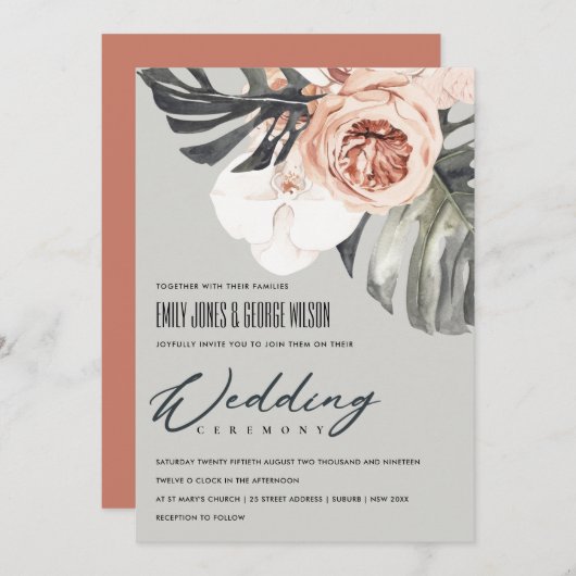 GRAY RUST FLORAL MONSTRERA LEAF WEDDING INVITE BEDANKKAART (Voorkant / Achterkant)