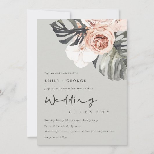 GRAY RUST FLORAL MONSTRERA LEAF WEDDING INVITE BEDANKKAART (Voorkant)