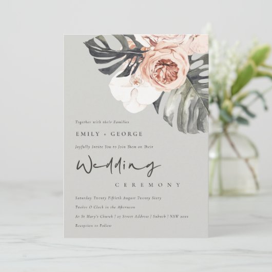GRAY RUST FLORAL MONSTRERA LEAF WEDDING INVITE BEDANKKAART (Staand voorkant)
