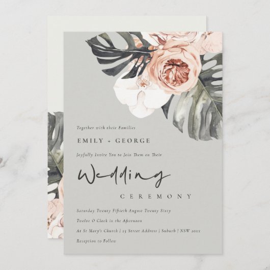 GRAY RUST FLORAL MONSTRERA LEAF WEDDING INVITE BEDANKKAART (Voorkant / Achterkant)