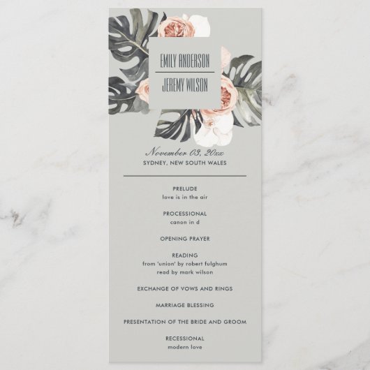 GRAY RUST MONSTERA FLORAL WEDDING CEREMONY PROGRAM MENU (Voorkant)