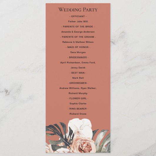 GRAY RUST MONSTERA FLORAL WEDDING CEREMONY PROGRAM MENU (Achterkant)