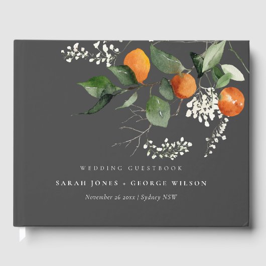 Gray Rustic Boho Oranje Blossom Botanical Wedding Gastenboek (Voorkant)