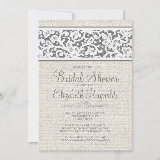 Gray Rustic Burlap Linen Bridal Shower Invitations Kaart (Voorkant)