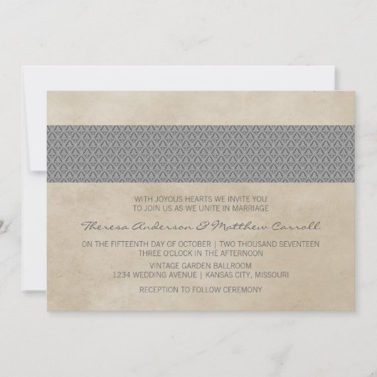 Gray Rustic Damask Wedding Invite Kaart (Voorkant)
