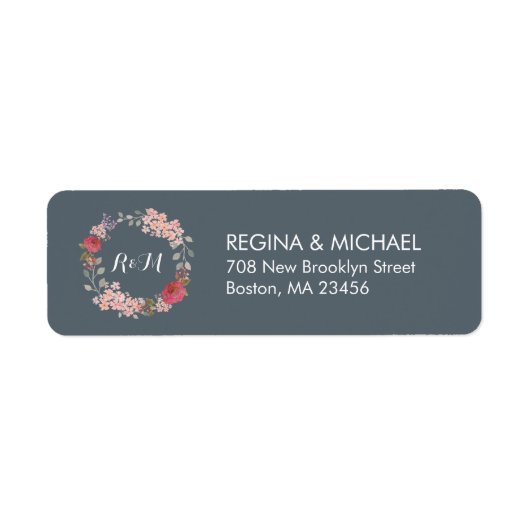 Gray Rustic Floral Wreatmonogram Adres Etiket (Voorkant)