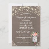 Gray Rustic Mason Jar Flower String Lights Wedding Kaart (Voorkant)