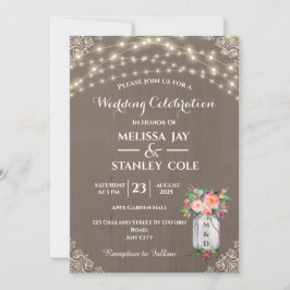 Gray Rustic Mason Jar Flower String Lights Wedding Kaart