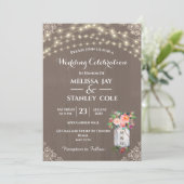 Gray Rustic Mason Jar Flower String Lights Wedding Kaart (Staand voorkant)