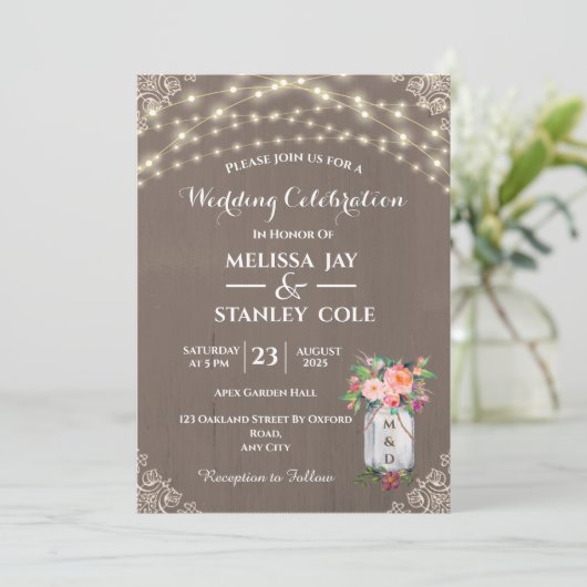Gray Rustic Mason Jar Flower String Lights Wedding Kaart (Staand voorkant)