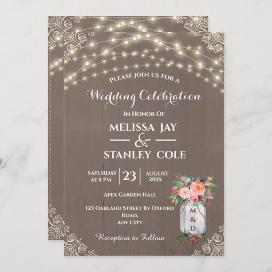 Gray Rustic Mason Jar Flower String Lights Wedding Kaart (Voorkant / Achterkant)