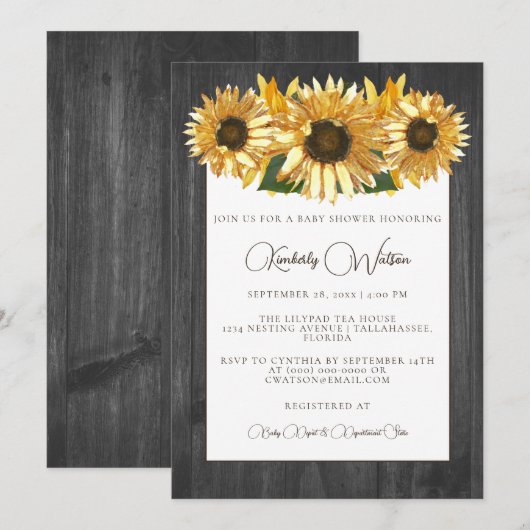 Gray Rustic Sunflower Baby shower Invitation Kaart (Voorkant / Achterkant)