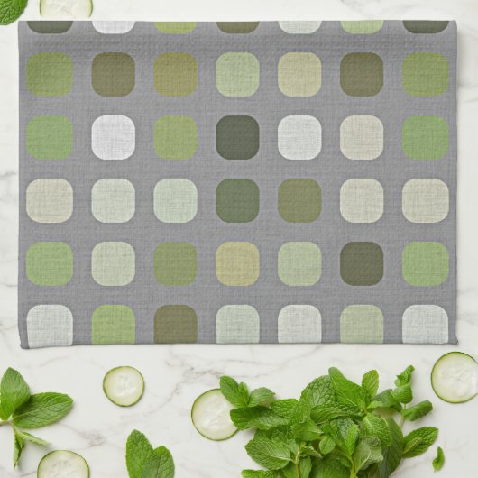 Gray Sage Olive Green Round Squares Art Patroon Theedoek (Gevouwen)