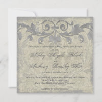 Gray Sand Grunge Baroque Floral Wedding Invitation