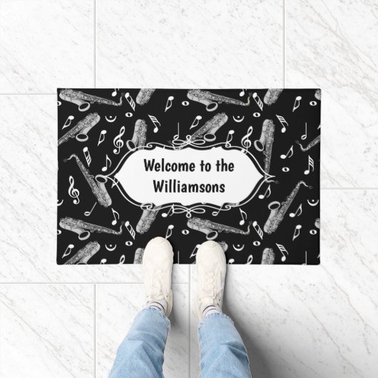 Gray Saxophone Music Note Pattern Deurmat (Binnen)