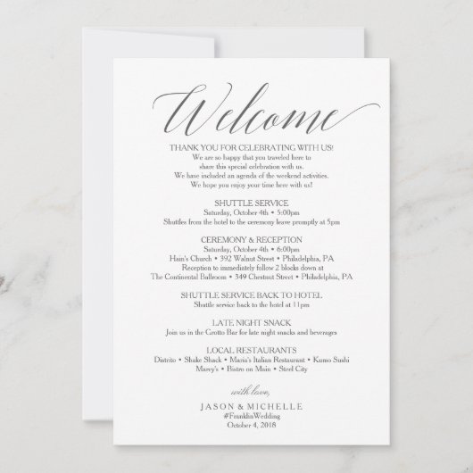 Gray Script Weduwroute Welkomstbrief Kaart (Voorkant)