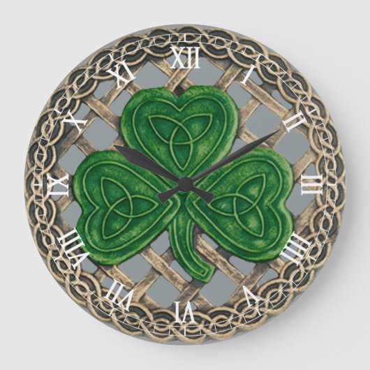 Gray Shamrock & Celtic Knots Roman Numeral Clock Grote Klok (Voorkant)