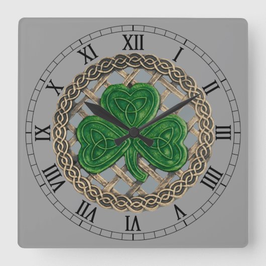 Gray Shamrock & Celtic Knots Roman Numeral Clock Vierkante Klok (Voorkant)