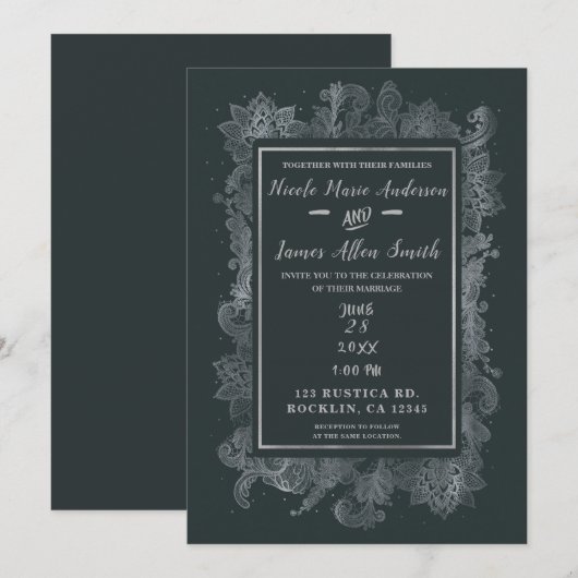 Gray & Shiny Silver Elegant Floral Wedding Kaart (Voorkant / Achterkant)
