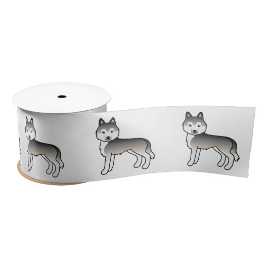 Gray Siberian Husky Cute Cartoon Dogs Satin Ribbon Satijnen Lint (Spoel)