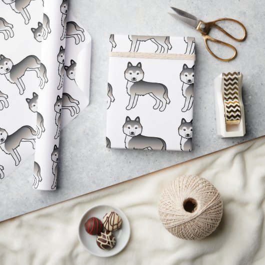 Gray Siberian Husky Cute Dog Pattern Cadeaupapier (Crafts)