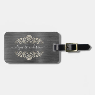 Gray Silver Brushed Metal Monogram Name Script Bagagelabel