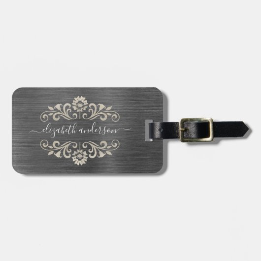 Gray Silver Brushed Metal Monogram Name Script Bagagelabel (Voorkant horizontaal)