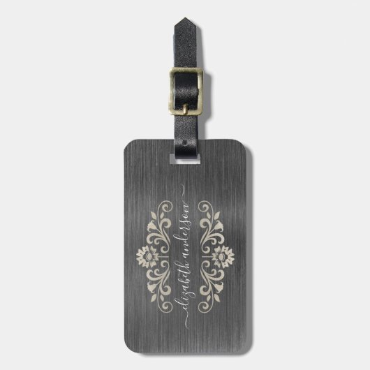 Gray Silver Brushed Metal Monogram Name Script Bagagelabel (Voorkant verticaal)