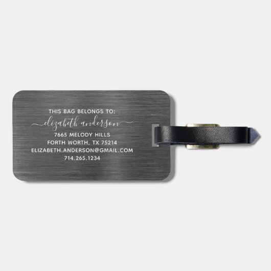 Gray Silver Brushed Metal Monogram Name Script Bagagelabel (Achterkant horizontaal)