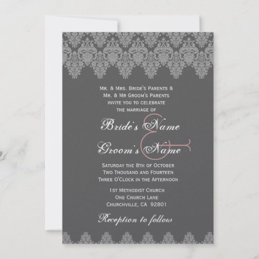 Gray Silver Damask Wedding Premium Metallic Kaart (Voorkant)